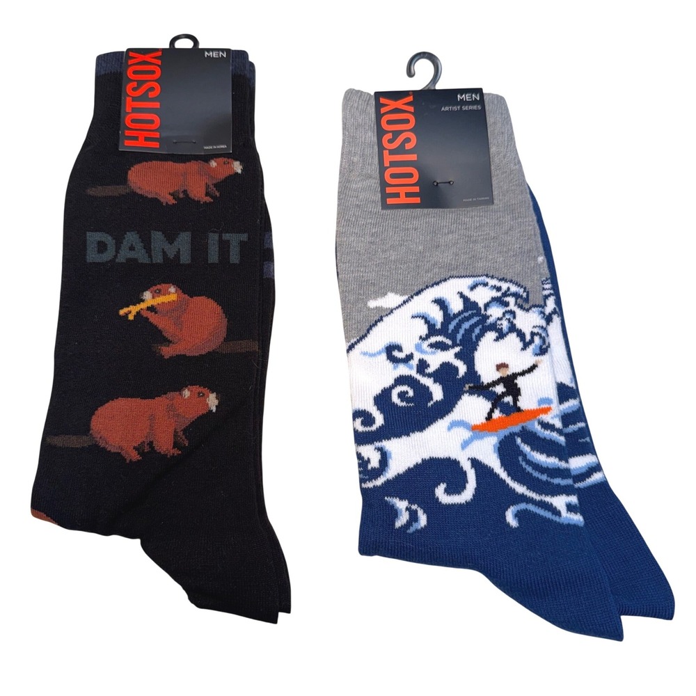 Hot Sox Mens 2 Pack Crew Socks Beaver Dam It & Artist Series Great Wave Blue